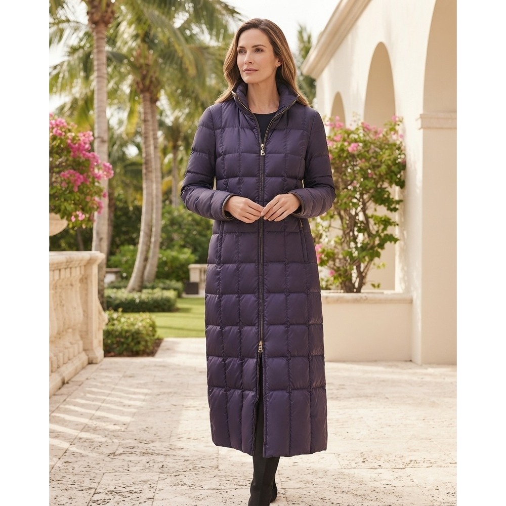 Bogner Womens Aubergine Long Quilted Puffer Coat Leather Trim Down Parka Jacket